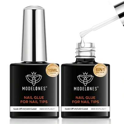 MODELONES modelones Nagelkleber für Kunstnägel, 6 in 1 Nail Glue für Nagelkleber für Tips-Glue Gel Press on Nails-Nageltips-Nail Tips-uv Nagelkleber- Brauchen Aushärten unter UV Nagellampe-Nail Art 2x15 ML