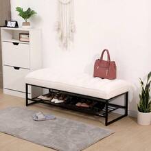 Banco con repisa de metal tapizado en sherpa blanco con diseño acolchado tipo , otomana para los pies en el dormitorio, sala de estar, entrada (Blanco) - Blanco + Sherpa + Espuma - Ver 5