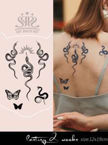 1pc Snake, Butterfly, Sunbeam Herbal Juice Semi-Permanent Music Festival Gift, Music Festival Daily Low-Key Tattoo, 7-14 Days Waterproof, Fade-Resistant, Arm, Wrist, Leg, Back Body Temporary Tattoo Sticker,Spine Tattoo - Blue - View 1
