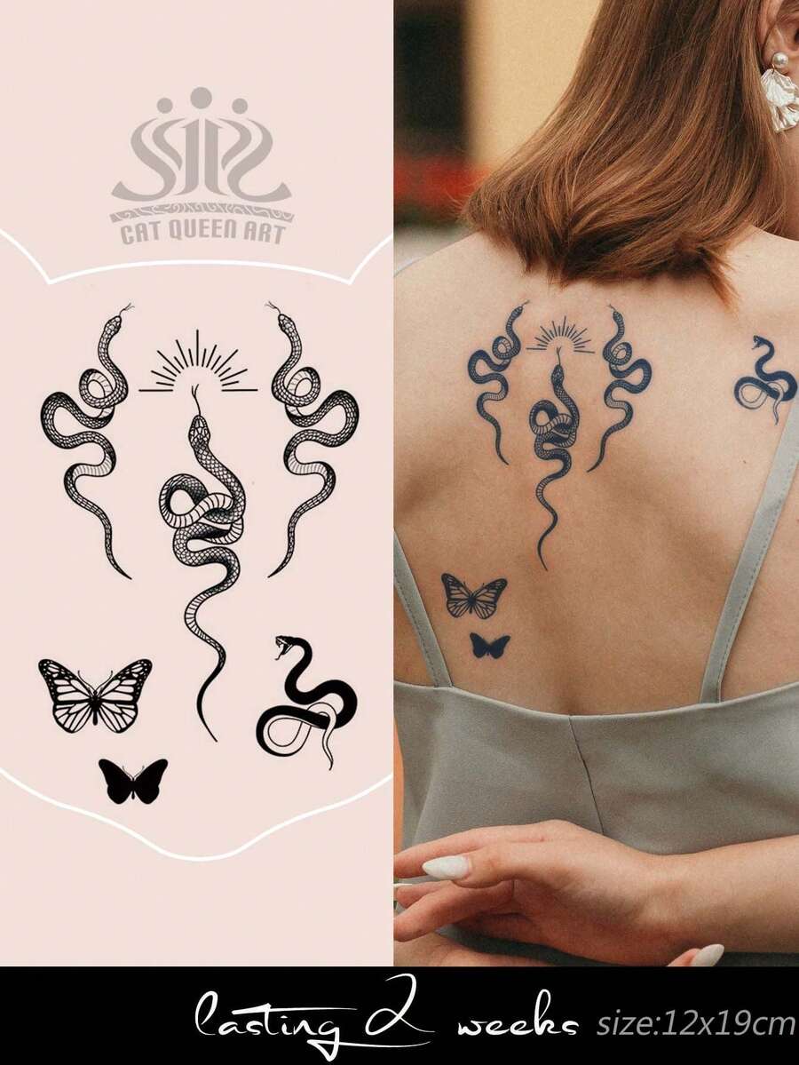 1pc Snake, Butterfly, Sunbeam Herbal Juice Semi-Permanent Music Festival Gift, Music Festival Daily Low-Key Tattoo, 7-14 Days Waterproof, Fade-Resistant, Arm, Wrist, Leg, Back Body Temporary Tattoo Sticker,Spine Tattoo - Blue - View 1