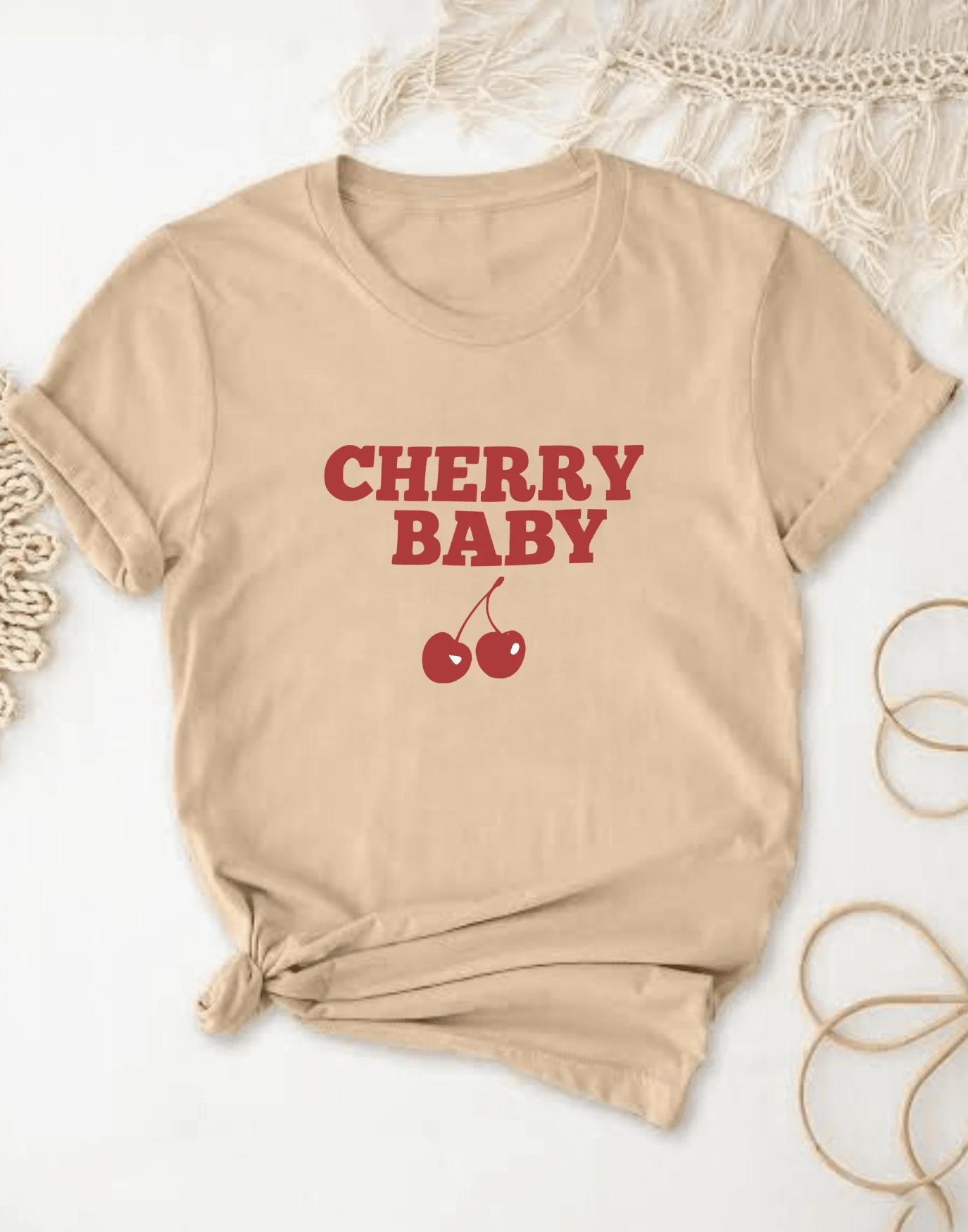 Beige T-Shirt For Women 100% Cotton Streetwear Cherry Baby Stylish Street Shirt Cherry! - 米色 - 查看 1