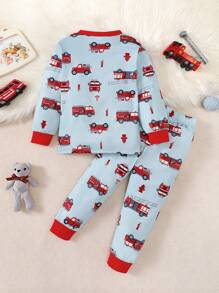 BrownBark 2 件套男童卡通卡车印花圆领长袖上衣和裤子套装，柔软舒适休闲男童儿童服装，适合日常休闲外出 - 淺灰色 - 查看 3