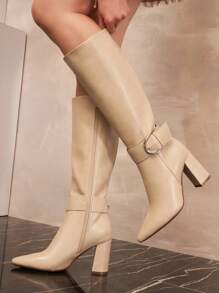 Camel High Block Heel Mid-Calf Boots – Chic Decorative Buckle - Beige - View 2