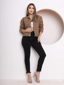 Women's Fashion Denim Jacket - Khaki - View 3