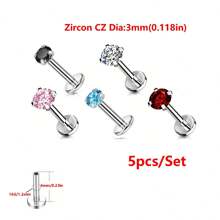 ADYJELY 1/5pcs Stainless Steel Hypoallergenic Inlaid Transparent CZ Lip Nails Nose Rings Studs 16G Internally Threaded Labret Medusa Lip Studs Conch Tragus Earrings Studs Red Pink Blue Black 3mm 4mm 5mm Piercing Jewelry Decoration For Women And Men
