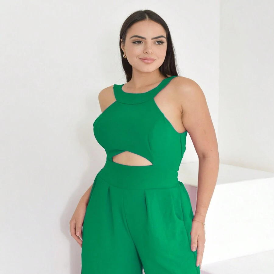 Slim Jumpsuit With Adjustable Straps And Low Neckline At The Belly - Màu xanh Ô liu - Xem 1