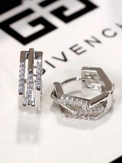 1pair Chic Luxury Cubic Zirconia Line Design Hoop Earrings, Elegant Geometric Copper Jewelry Accessories For Women, Suitable For Casual Outings And Dates