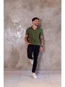 ITALIAN KNITTED POLO SHIRT WITH ELASTANE - 軍綠色 - 查看 3