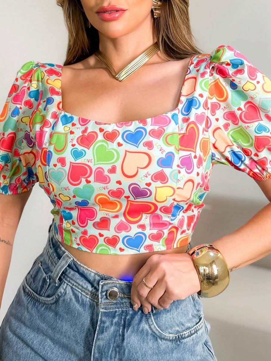 blusas de cropeed estampande amor  com boja tem manga de verao