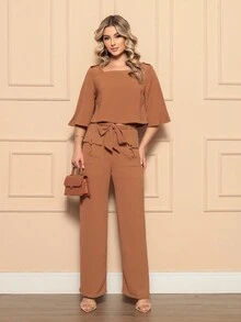 ONLYONE - ELEGANT WOMEN'S SET WITH 3/4 SLEEVE BLOUSE AND PANTS WITH POCKET AND DUNE BAND - ELEGANT WOMEN'S SETS SHEIN - 鏽棕色 - 查看 4