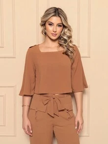 ONLYONE - ELEGANT WOMEN'S SET WITH 3/4 SLEEVE BLOUSE AND PANTS WITH POCKET AND DUNE BAND - ELEGANT WOMEN'S SETS SHEIN - 鏽棕色 - 查看 5