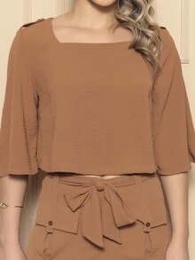 ONLYONE - ELEGANT WOMEN'S SET WITH 3/4 SLEEVE BLOUSE AND PANTS WITH POCKET AND DUNE BAND - ELEGANT WOMEN'S SETS SHEIN - 鏽棕色 - 查看 3