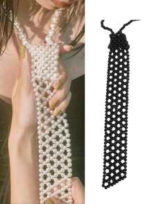 A Handmade Pearl Tie With Elegant Retro College Style For  Girls. Heavy-Duty Beaded, All-Match Fashion Item. A Hollowed-Out Woven Tie That Can Be Matched With Shirts, JK Uniforms And Suits. Suitable For Occasions Such As Campus Dances And Activity Parties. - Multicolor - View 5