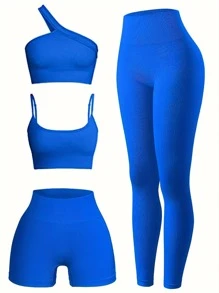 4-Piece Set, Solid Seamless Sports Bra, Back-Beauty, Fitness Short Sleeve Top, Tight Running Pants, Yoga Shorts, Athletic Style - 藍色 - 查看 1