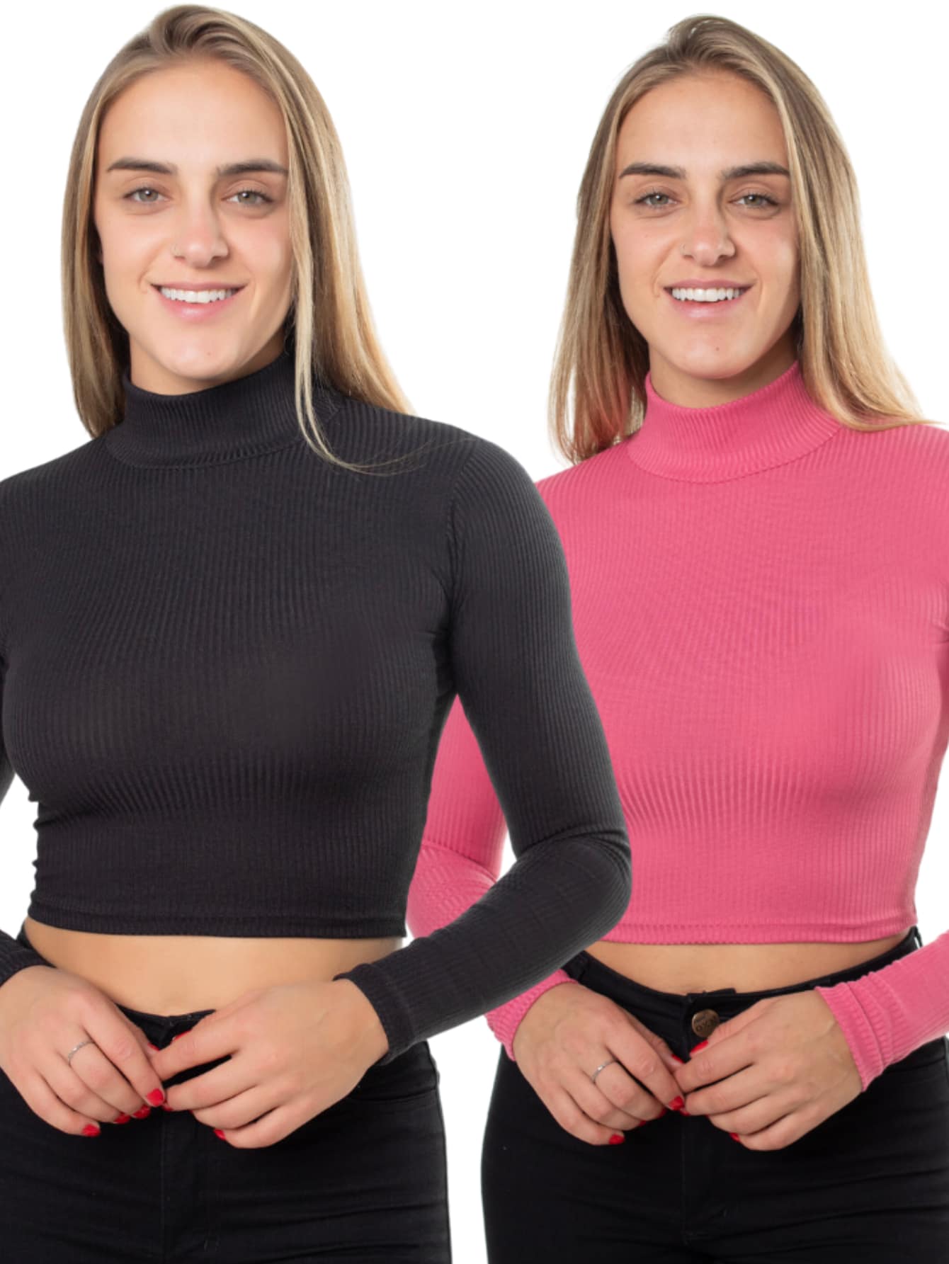 Kit 2 Cropped Blouse Long Sleeve High Neck Ribbed Pto - 布萊克和桑迪亞 - 查看 1