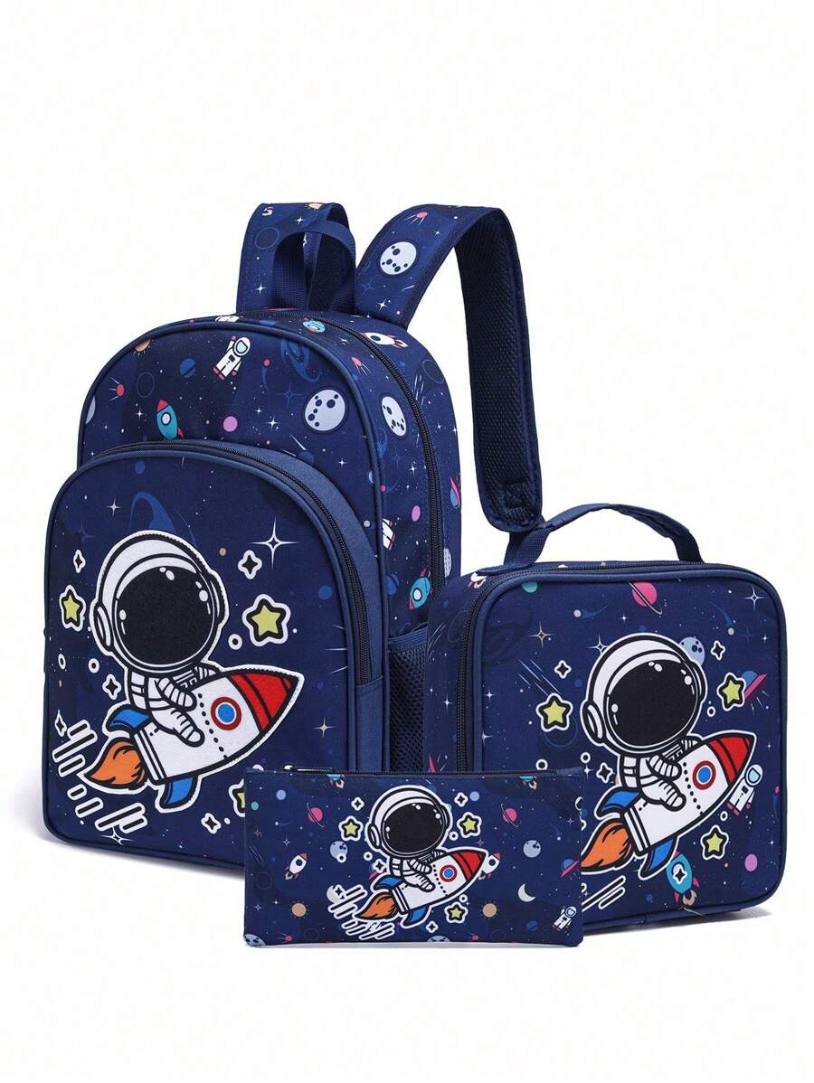 Mochila de astronauta para niños, mochila de 3 piezas con diseño de dinosaurio para la temporada de vuelta al colegio, mochila escolar de 16 pulgadas, lonchera, estuche de lápices - Multicolor - Ver 1