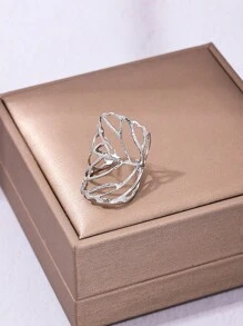 2入組歐美創意金屬設計空心葉形開口戒指和手鐲套裝，適用於女士珠寶 - 金黃色 - 查看 15