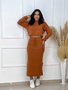 Women's Cropped Set And Woolen Skirt - 橘色 - 查看 3