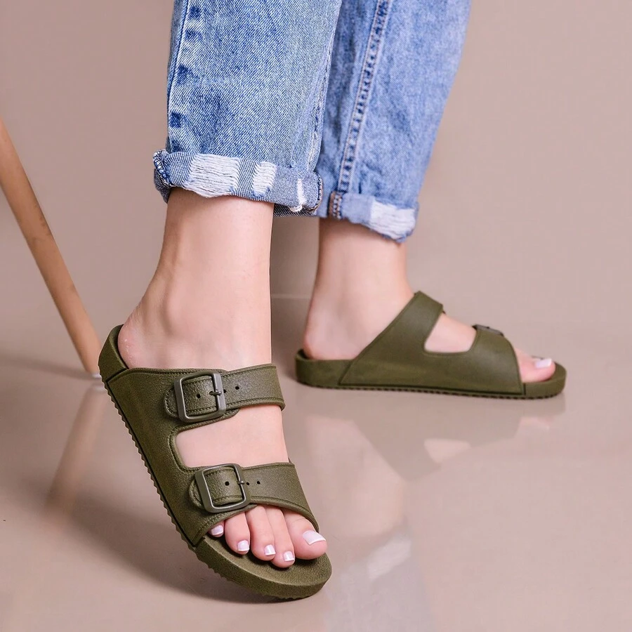 Birken Slide Two Buckles Injected Women's Flat Sandals - Army Green - View 1
