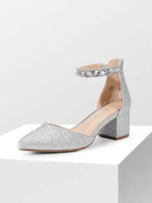 Women's Rhinestone Ankle Strap Heels Pumps Closed Pointed Toe Block Chunky Fashionable Party Shoes - Bạc - Xem 4