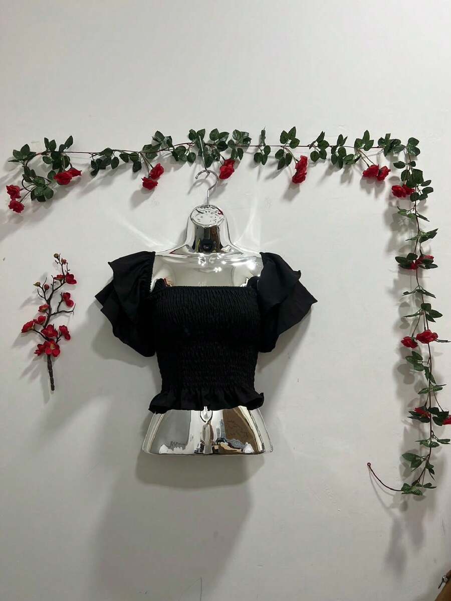 Cropped Lastex Women's  Long Sleeve Women's Cropped Blouse Various Colors Strapless - 黑色 - 查看 1