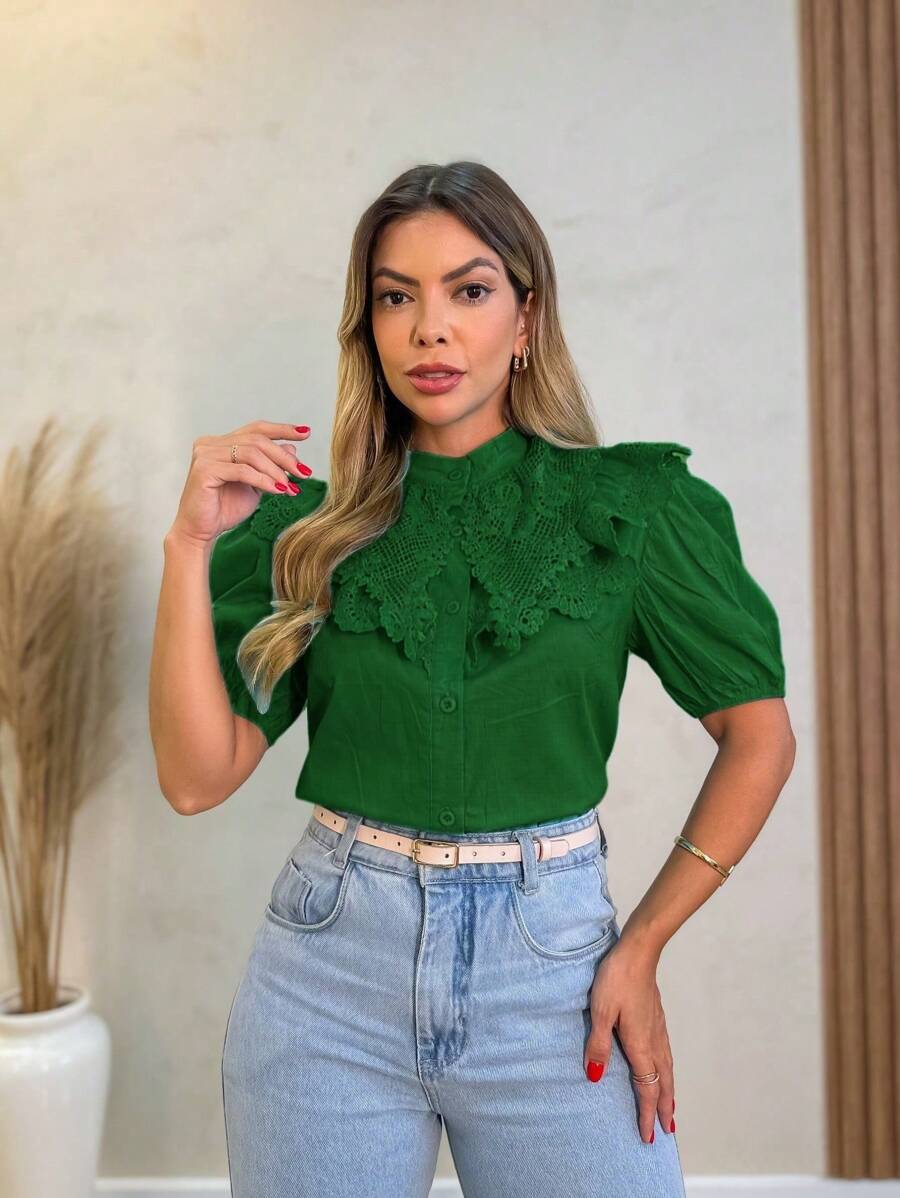Women's Fashion Lace Blouses Collar Long Elegant Blouses - 墨綠色 - 查看 1