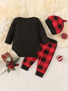 圣诞男宝宝服装 男宝宝春秋季轻薄舒适印花长袖连体衣帽子三件套 - 黑色 - 查看 2