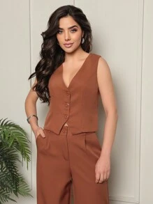 Tailored Set Of Pants With Solid Blazer Vest With Front Button - màu nâu - Xem 1