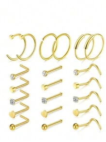 21pcs Stainless Steel Plated C-Shape Nose Rings, Fashionable Body Piercing Jewelry Set - Multicolor - View 4