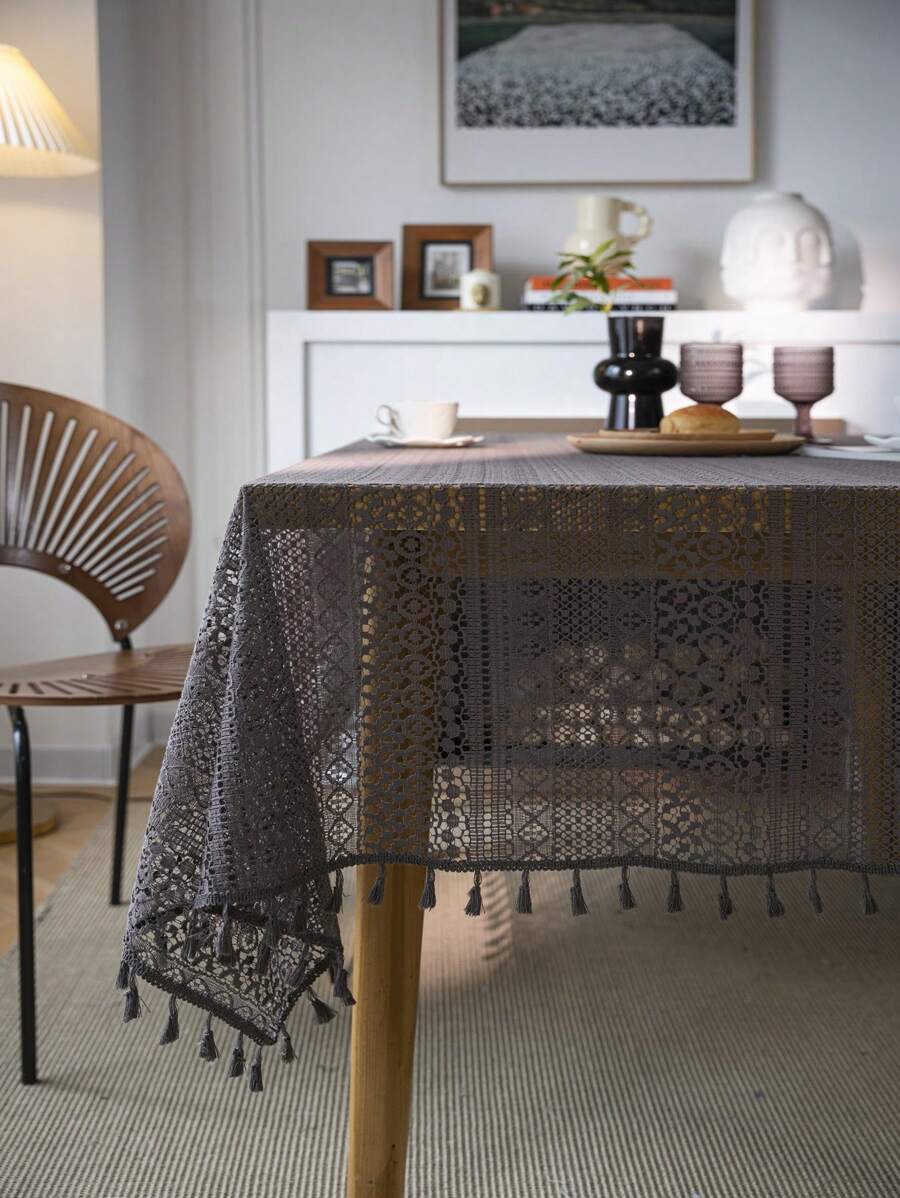 Bubaba 1 件黑色和灰色几何蕾丝餐垫，复古波西米亚风农舍风格镂空几何蕾丝尼龙餐垫，带黑色流苏，适合卧室、厨房、餐厅、厨房、餐厅、派对、节日、所有季节的家居装饰