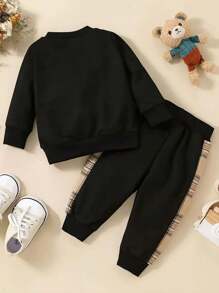 2pcs Baby Girls' Plaid Bear Print Long Sleeve Top And Plaid Patchwork Pants Set, Spring/Autumn