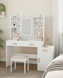 HEXCELEN Large Vanity Desk With Light Mirror, Makeup Vanity Dressing Table With 3 Drawers, Adjustable Shelves, Storage Cabinet, Bedroom Vanity Table For Girls Women(Christmas,Valentine's Day, Birthday, Women's Day),White - 白色 - 查看 3