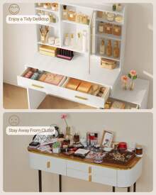 HEXCELEN Large Vanity Desk With Light Mirror, Makeup Vanity Dressing Table With 3 Drawers, Adjustable Shelves, Storage Cabinet, Bedroom Vanity Table For Girls Women(Christmas,Valentine's Day, Birthday, Women's Day),White - 白色 - 查看 6