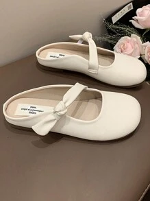 女士软皮露趾穆勒鞋、一脚蹬露背平底鞋、2024 年春夏新款甜美休闲舒适孕妇凉鞋 - 米色 - 查看 2