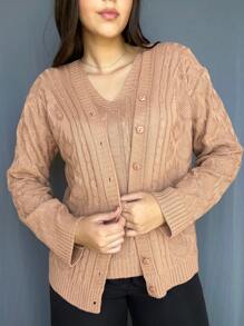 Twinset Coat And Blouse Set Knitting Weave Luxury Fashion Knit V-Neck Winter Plus Size M To GG - Màu be - Xem 6