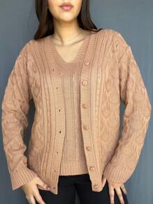 Twinset Coat And Blouse Set Knitting Weave Luxury Fashion Knit V-Neck Winter Plus Size M To GG - Màu be - Xem 9