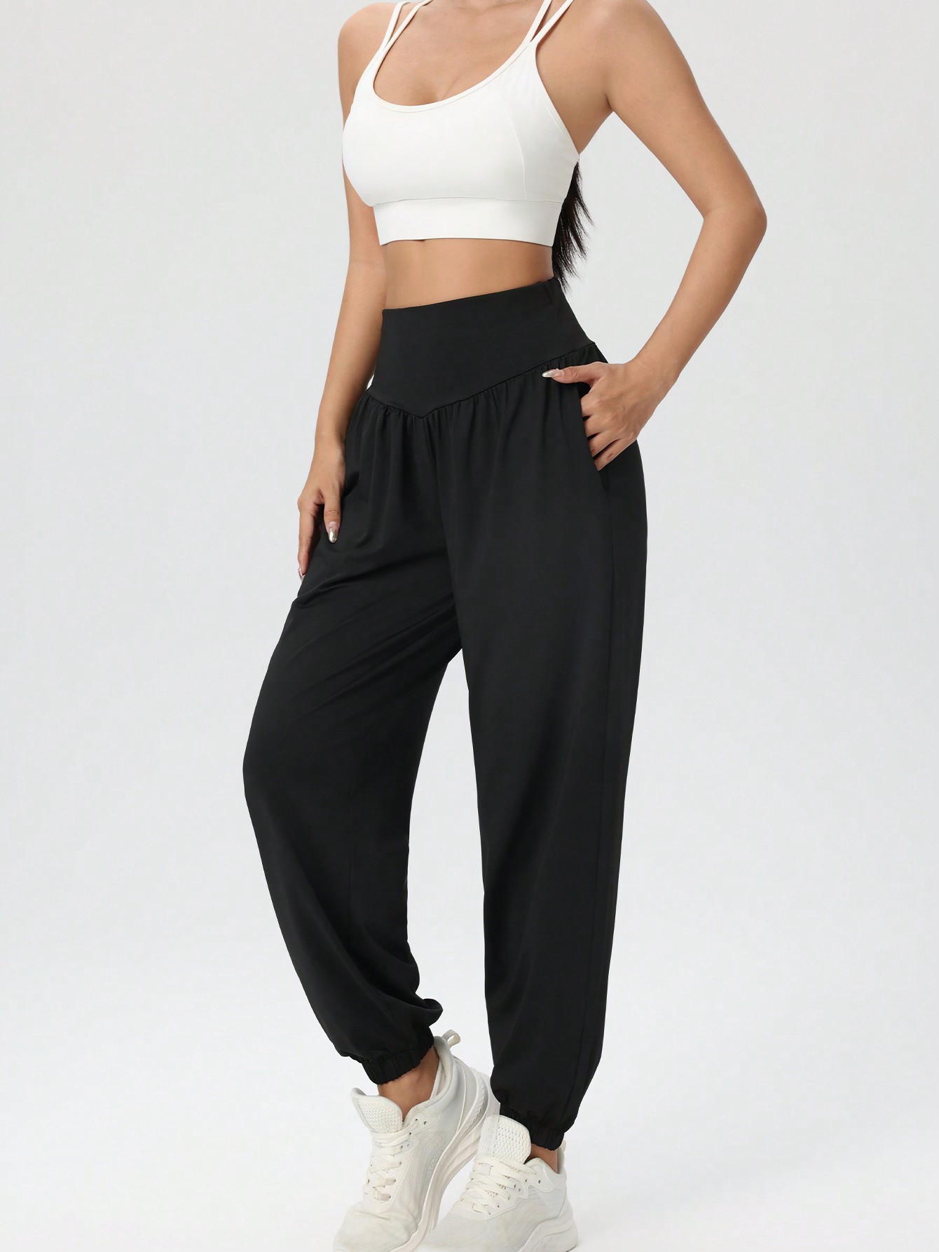 Women's Casual Solid High Waist Relaxed Lantern Pants, Drawstring Waist Yoga Fitness Sweatpants