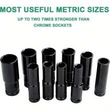 10PCS Impact Socket Set Deep Impact Socket Tool Set Metric Drive Deep Socket Durable Reliable Drive Hex Nuts 1/2 Inch 10-24mm For Professional Repair DIY - Black - View 3