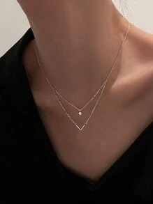 Double-Layer V-Shaped Zirconia Stone Necklace For Women, Minimalist & Elegant Style Small Design Necklace - Silver - View 2