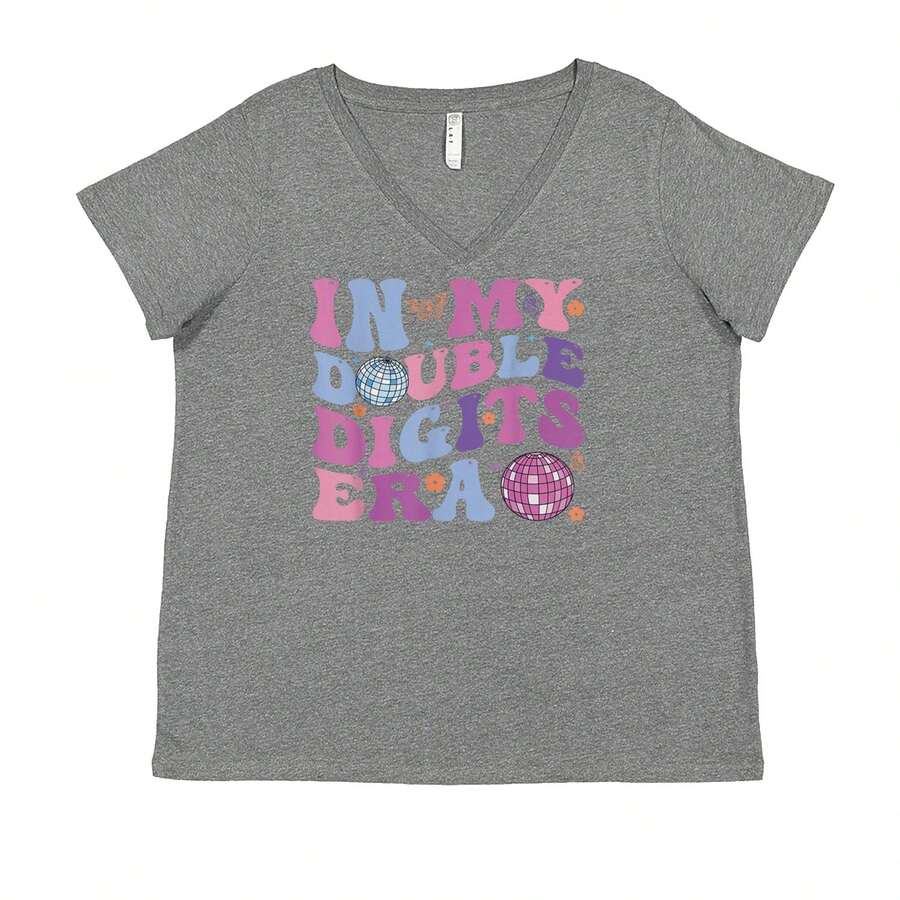 In My Double Digits Era Retro 10 Year Old 10th Birthday Ladies V-Neck T-Shirt - Heather grey - View 1