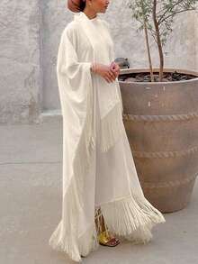 IGKEEL Women's Elegant Batwing Long Sleeve Fringed Loose Kaftan Modest Dress, White, Suitable For Party, Autumn/Winter - Apricot - View 5