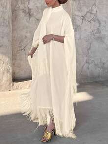 IGKEEL Women's Elegant Batwing Long Sleeve Fringed Loose Kaftan Modest Dress, White, Suitable For Party, Autumn/Winter - Apricot - View 2