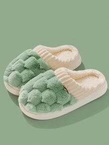 女士时尚简约格子软底布艺拖鞋冬季居家室内保暖厚底毛绒布艺情侣拖鞋万圣节 - 綠色 - 查看 3