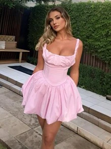 Women's Summer Solid Color Ruched Hem Elegant Spaghetti Strap Short Dress - Pink - View 3