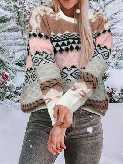 Vintage Patchwork Crew Neck Jacquard Knit Sweater