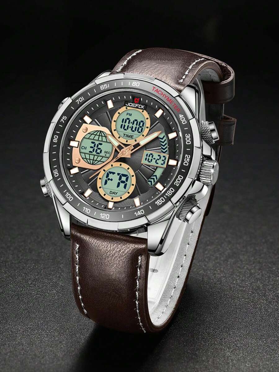 优质 JOEFOX 男士手表 奢华真皮腕表 夜光防水闹铃双显时手表 男士礼物 - 咖啡棕 - 查看 1