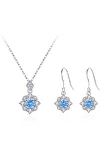 Trang sức hoa Zirconia màu xanh biển bằng bạc Sterling 1 chiếc vòng cổ mặt dây chuyền 1 đôi bông tai cho phụ nữ đám cưới đính hôn cô dâu ngày lễ tình nhân - Bạc - Xem 2