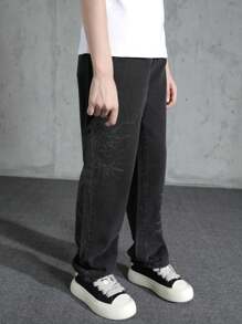 Teens & Teen Boy Embroidered Washed Casual Jeans, Wide Leg & Straight Fit, For Spring & Autumn - Black - View 4