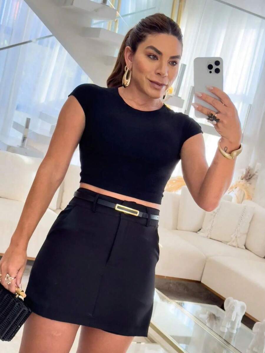 Short Skirt High Waist Tailored With Belt Formal Elegant Button - màu đen - Xem 1