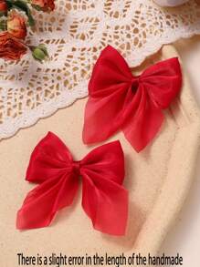 12/2pcs Children's Gauze Bow Hair Clips, Suitable For Daily Wear - Burgundy - View 3